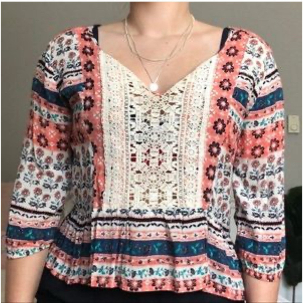 Rewind Floral Crochet Peasant Blouse Boho Festival Hippie Top